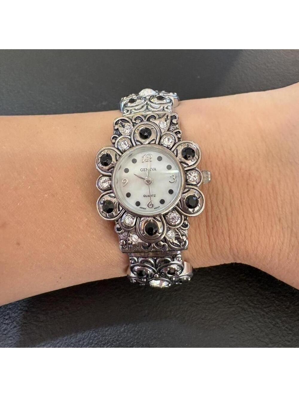 Geneva Cuff Watch Womens OS Silver Excellent Vintage Ornate Black Stone Detail